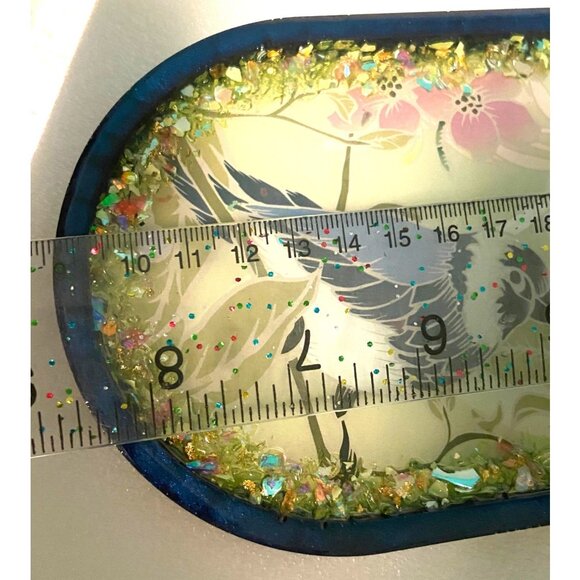 Handcrafted Bird with Flowers Resin Oval Tray with Crystals Rich Cobalt Back - Picture 7 of 8
